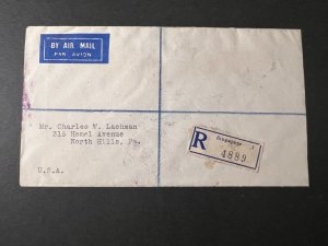 1948 Registered British Singapore Airmail Cover Singapore to North Hills PA USA