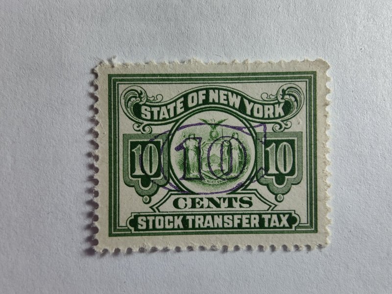 NEW YORK STATE STOCK TRANSFER TEN CENTS GREEN MINT NEVER HINGED BEAUTY