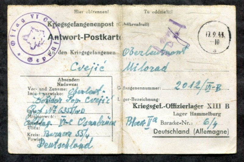 p405-WW2 1943 CENSORED Postcard from POW Camp Offlag VI/C to Camp XIII/B GERMANY