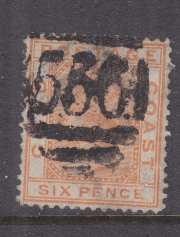 GOLD COAST, 1876 CC, perf. 14, 6d. Orange, heavy 556 cancel.