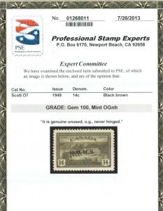Canada #O7 Mint Superb Never Hinged With Graded 100 Certificate