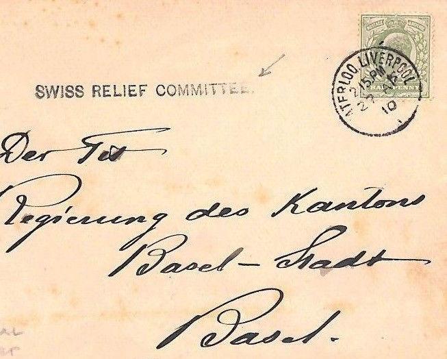 CB14 1910 GB DISASTER CHARITY Liverpool *Swiss Relief Committee* Cachet Cover