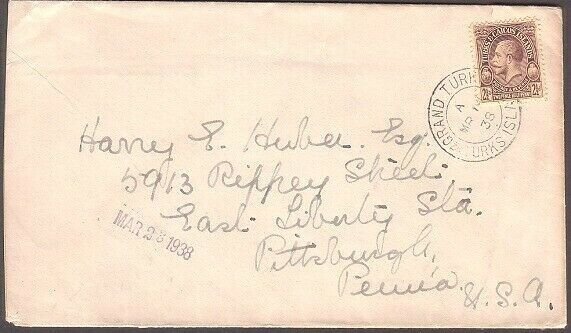 TURKS & CAICOS 1938 cover to USA with GV 2½d - Grand Turk cds..............35255