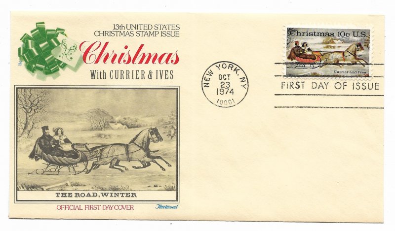 US 1551 10c Christmas Currier & Ives FDC Fleetwood Cachet Unaddressed ECV $12.50