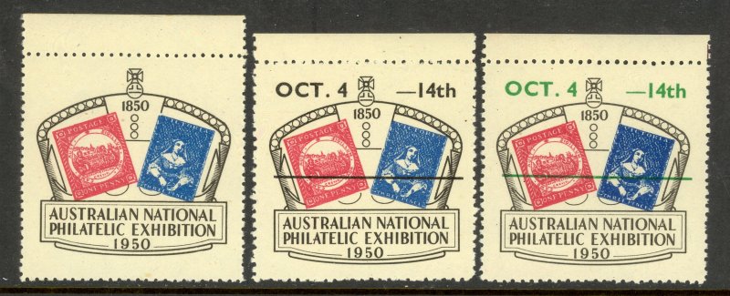 AUSTRALIA 1950 NATIONAL PHILATELIC EXHIBITION Label 3 Different MNH