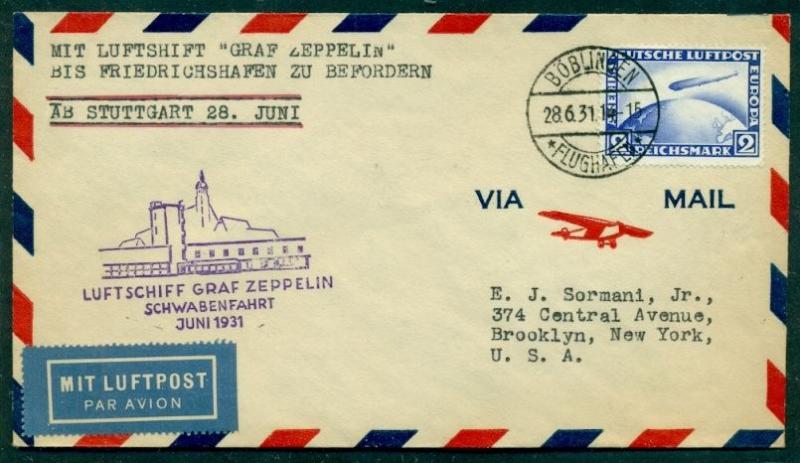 GERMANY 1931 Schwaben Zeppelin flight to Friedrichshafn to U.S. w/C36 2mk Zepp 