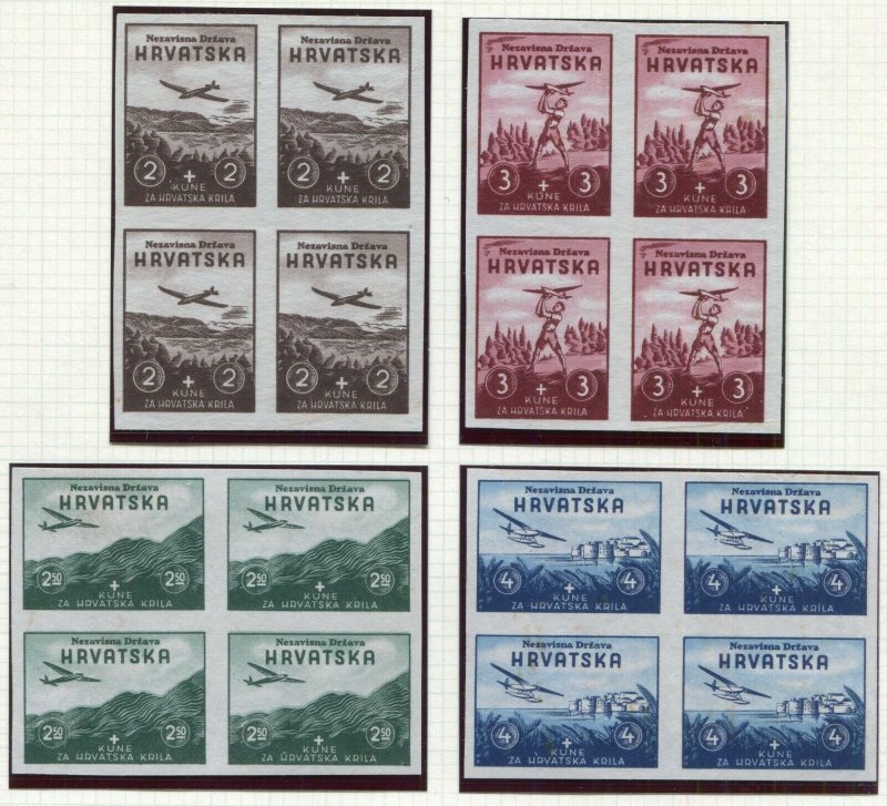 CROATIA GERMAN PUPPET STATE 1942 AVIATION B7-B10 RARE IMPERF BLOCKS OF 4 MNG