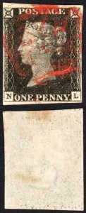 Penny Black (NL) Plate 7 Fine Four Margin (brown marks on reverse)