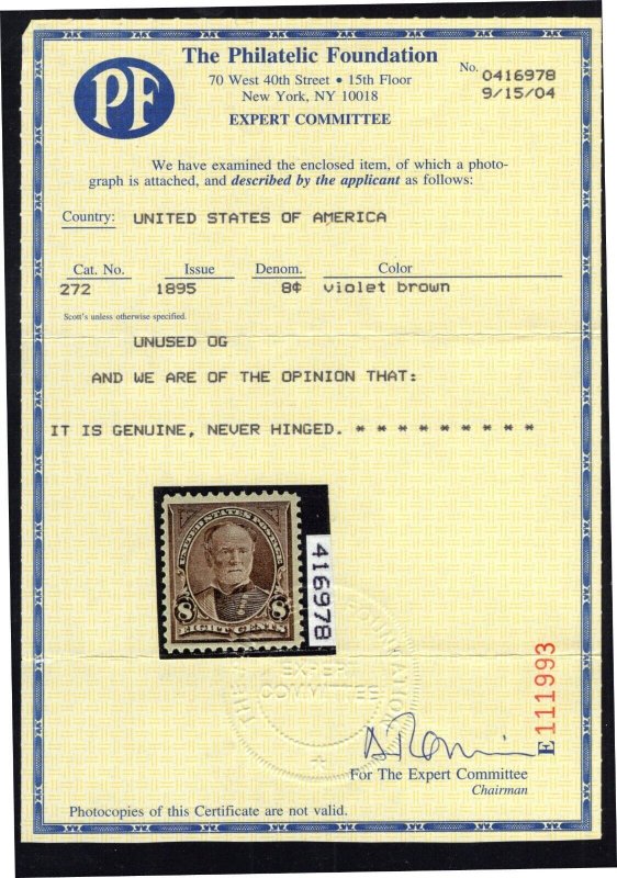 U.S. - 272 - EXTRA FINE -  Never Hinged (with a PF Certificate)