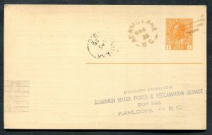B.C. Split Ring Town Cancel Postal Stationery Postcard ADAMS LAKE