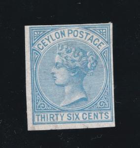 CEYLON 1872 QV SG#129 36 CENTS BLUE IMPERF. CLEAN OG CERTIFICATE 2001. RARE 