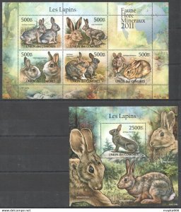 2011 Comoros Fauna Wild Animals Rabbits Les Lapins Bl+Kb ** Uc217