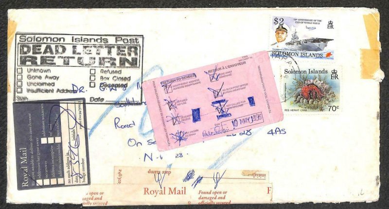 SOLOMON ISLANDS SCOTT #741 & 801 STAMPS TO ENGLAND TYPE 40 & 45 TAPES COVER 1996