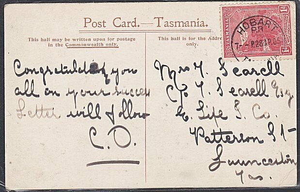 TASMANIA 1905 postcard Hobart to Launceston - Shot Tower...................53734