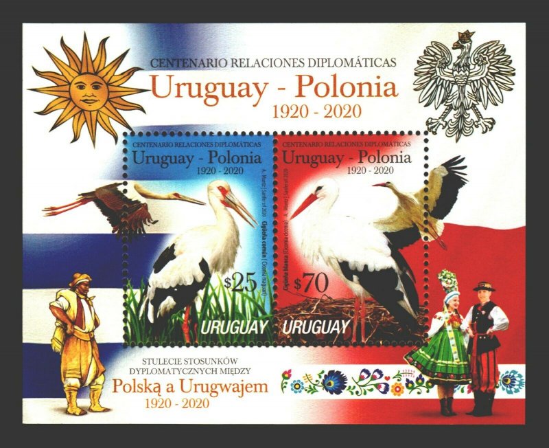 Uruguay Poland Bird stork typical costumes embroiders flags MNH Uruguay S/S 