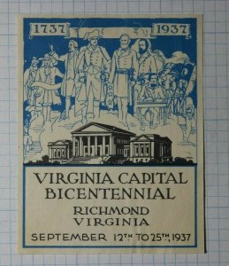 Virginia Capital Bicentennial 1937 Richmond Compnay Brand Ad Poster Stamp