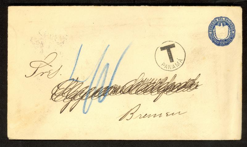 EL SALVADOR 1895 5c PSE Cover to Germany w T PANAMA TRANSITO PANAMA NY TRANSIT