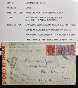 1942 Etah India Censored Cover To Philadelphia PA USA First Sailing Mail