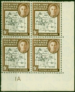 Falkland Island Dep 1946 9d Black & Brown SGG7 V.F MNH Pl.1a Corner Block of 4