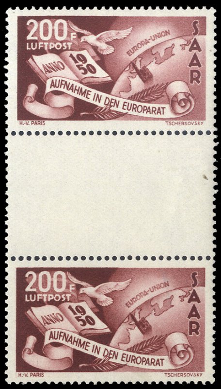 Saar, Air Post #C12 (Mi.298ZS) Cat€600, 1950 Council of Europe, 200fr verti...