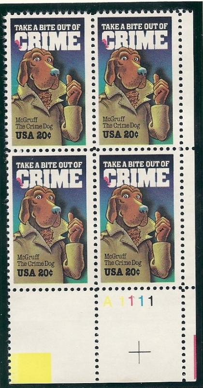 US#2102 $0.20 Crime Prevention Plate block  4 (MNH) CV $2.10