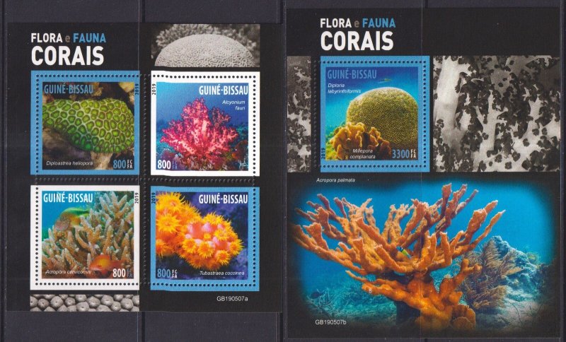 Gs1030 2019 Guinea-Bissau Corals Fishes Marine Life Fauna #10637-0+Bl1842 Mnh