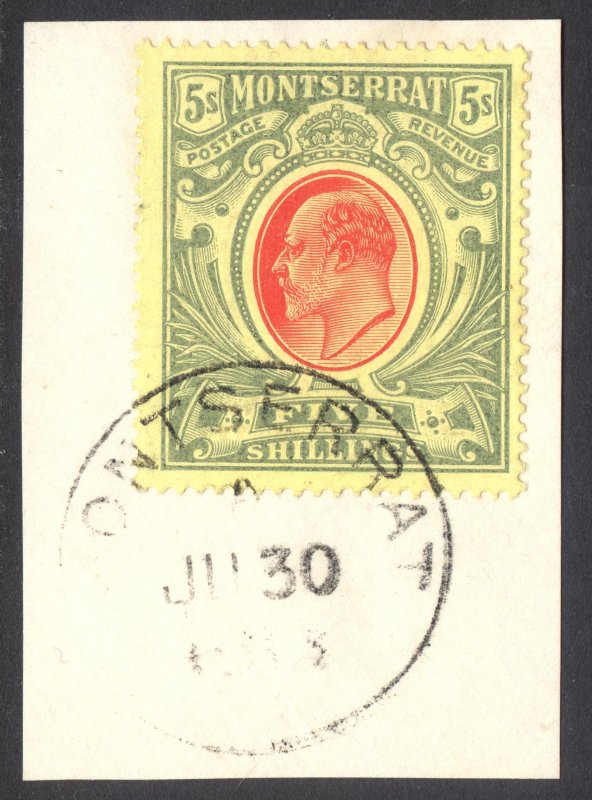Montserrat 1909 5s Green & Scarlet on yell on piece Scott 40 SG 47 VFU Cat $92