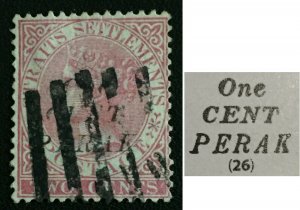 MALAYA 1886 PERAK opt Straits Settlements QV 1c on 2c Used T.26 SG#29 M3185