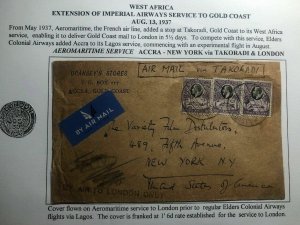 1937 Accra Gold Coast Early Airmail Cover To New York USA Via London