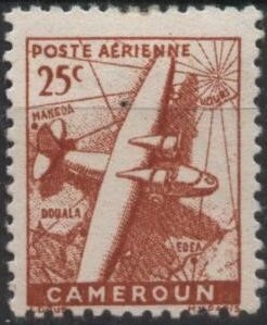 Cameroun C15 (mh) 25c plane & map, brn red (1946)