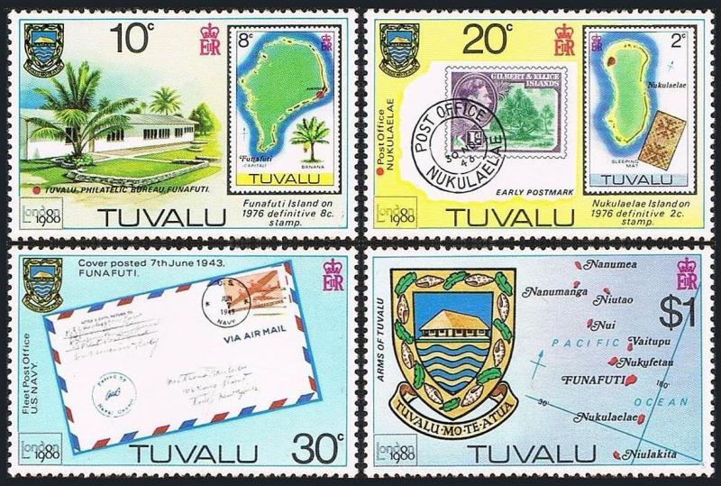 Tuvalu 133-136, 136a S/S, MNH. LONDON Stamp Exhibition. Tree, Map, Letter, 1980