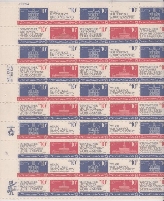 Sc# 1543 / 1546 U.S 10¢ American Revolution Bicentennial 1974 MNH sheet FV $5.00