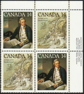 HISTORY * EXPLORER CAPTAIN JAMES COOK = Canada 1978 #764a MNH UR BLOCK of 4