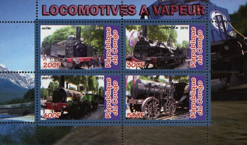 Congo Steam Locomotives Transportation Souvenir Sheet of 4 Stamps Mint NH