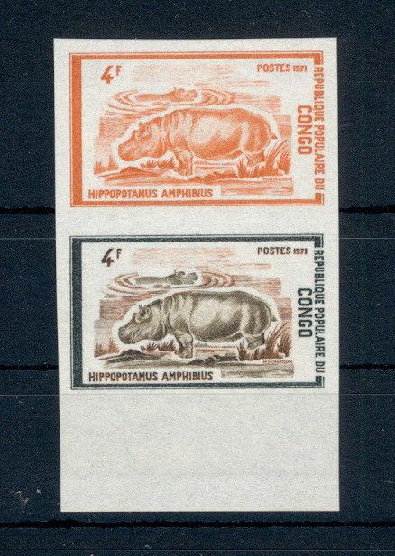 Hippo Hippopotamus Amphibius Animals Congo 1971 trail color proofs pair imperf.