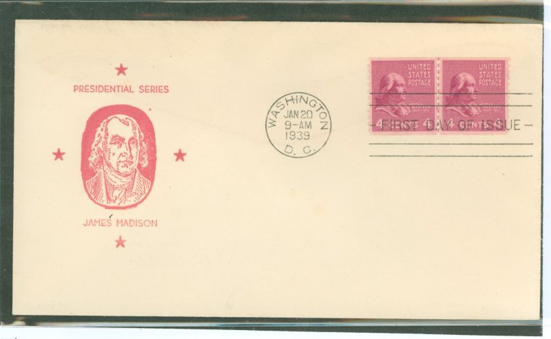 US 843 1939 4c James Madison (presidential/prexy series) coil line pair on an unaddressed first day cover with a Hux cut cachet.