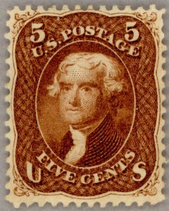 US Scott#75 Unused VF 1861 5c Jefferson, brilliant deep red brown, no faults