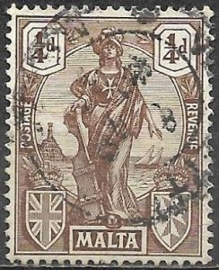 Malta 1922 - 1926 Used Stamp Scott #98 Malta Emblematic Statue 1/4d