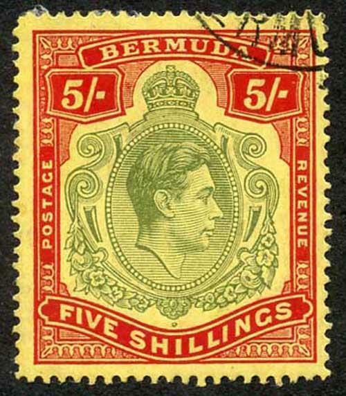 Bermuda SG118b KGVI 5/- Pale Green and Red/yellow Line Perf 14.25 (Ref 89)