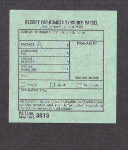 Mint Receipt for Domestic Insured Parcel Postal Form. 1973 Form 3813