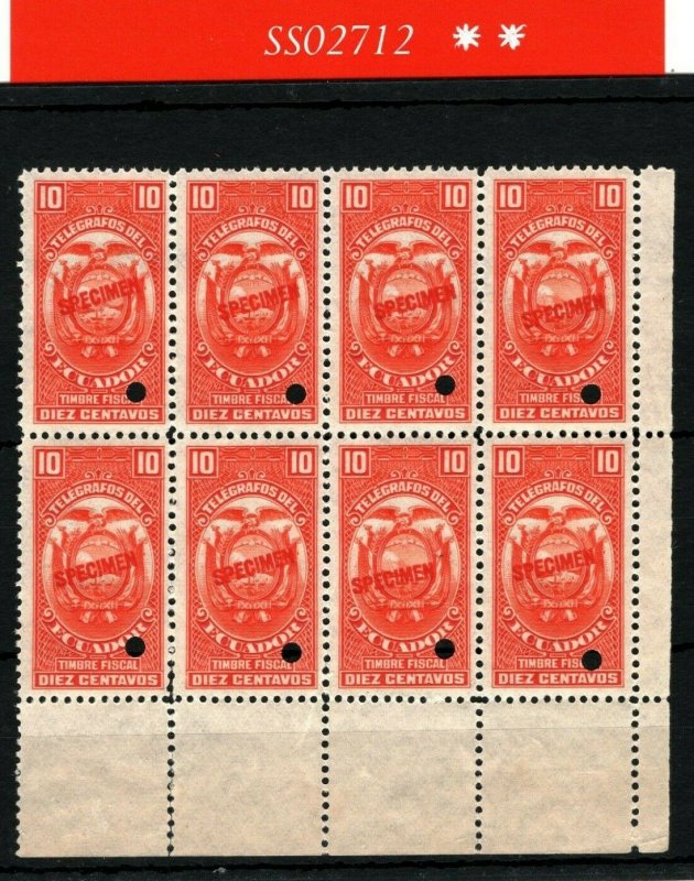Ecuador 10c Telegraph Stamp, Specimen Overprint, Corner Block of 8