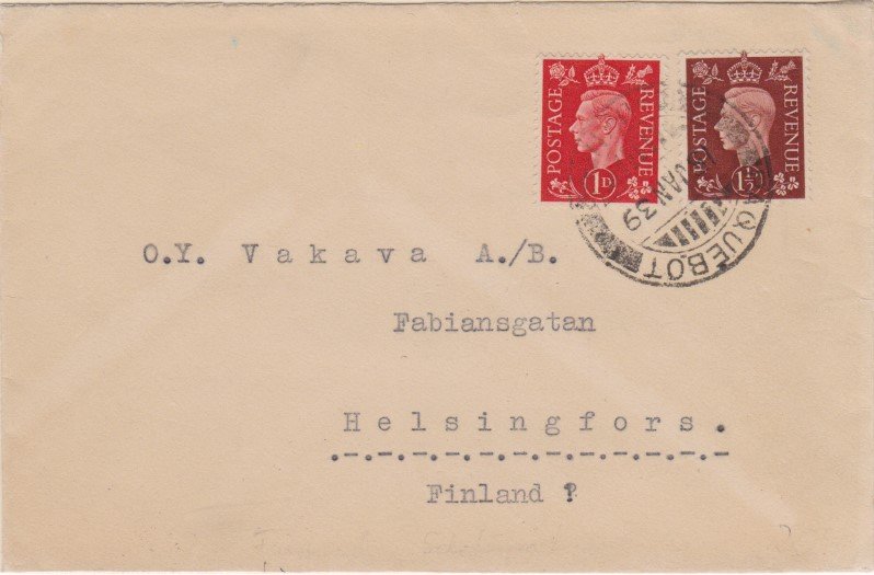 Aden Great Britain 1d and 1 1/2d KGVI 1939 Paquebot, Aden Hosking 2933 to Hel...