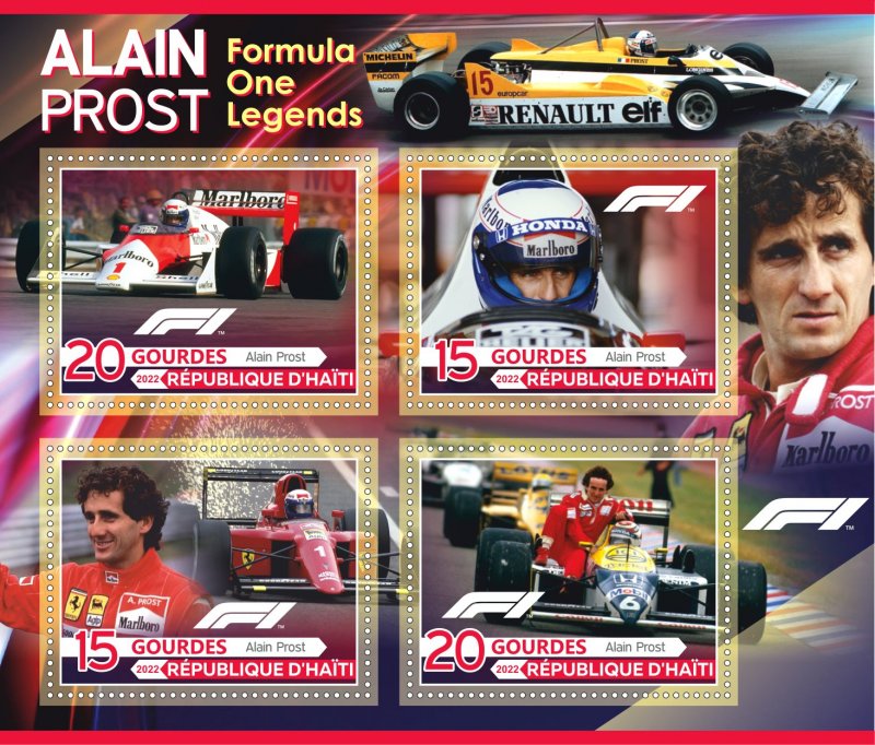 Stamps. Cars, Formula 1, Alain Prost 2022 Haiti 1+1 sheets perforated