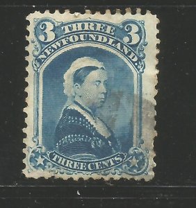 CANADA NEWFOUNDLAND # 34i VF USED MISPLACED ENTRY 1873 3c DEEP BLUE QV BS25936