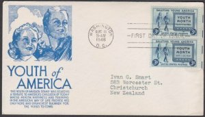 USA 1948 YOUTH OF AMERICA - C Stephen Anderson FDC to New Zealand...........M462