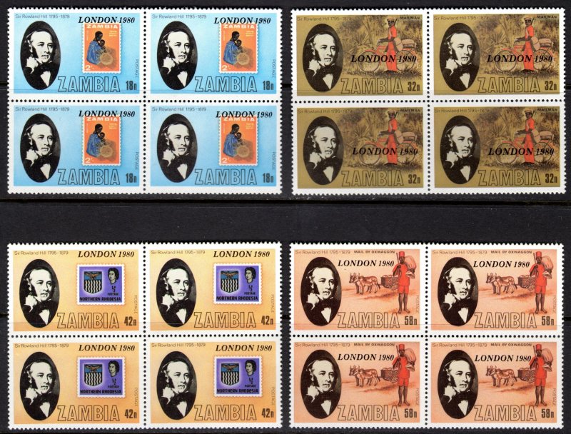 Zambia 1980 Sc#208/211 BICYCLE/OXCART/R. HILL OVPT.LONDON '80 BLOCK OF 4...