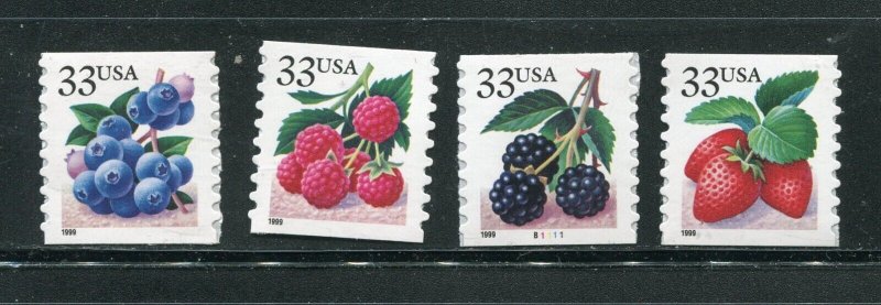 3302 - 3305 Fruit Berries Coil 33¢ Stamp Set MNH