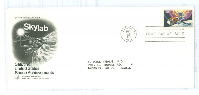 US 1529 1974 US Space Achievements; typed address FDC with artcraft cachet, corner crease
