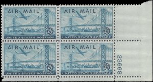 Scott C36 25c U.S. Air Mail San Francisco-Oakland Bay Bridge PB/4 1947 Mint N...