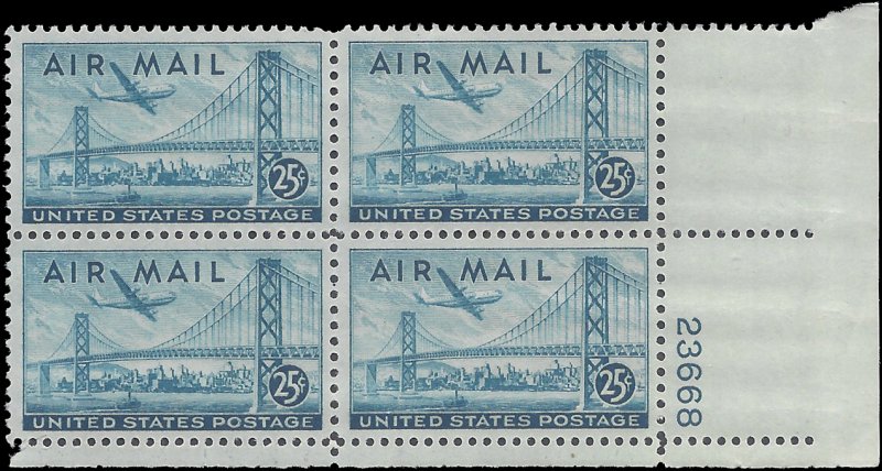 Scott C36 25c U.S. Air Mail San Francisco-Oakland Bay Bridge PB/4 1947 Mint N...